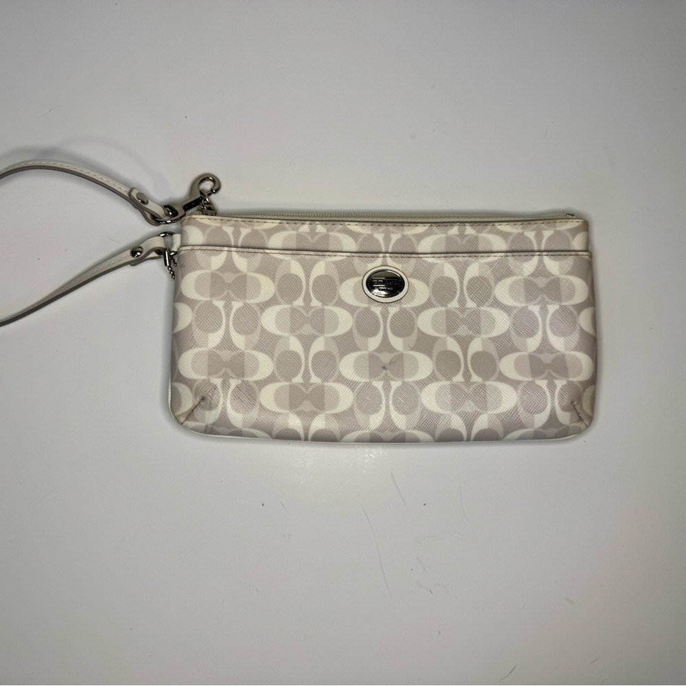 Coach Signature Waxed Canvas Gray and Cream Wristlet Clutch